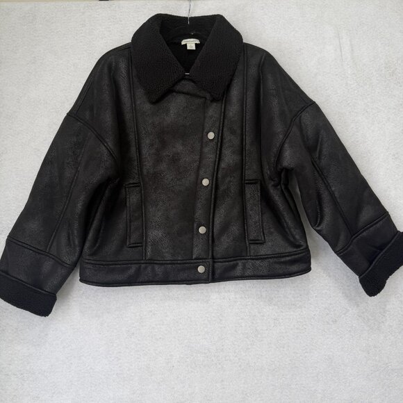Sundance Jacket Womens Large Black Faux Leather Sherpa Collar Fleece - Picture 1 of 9